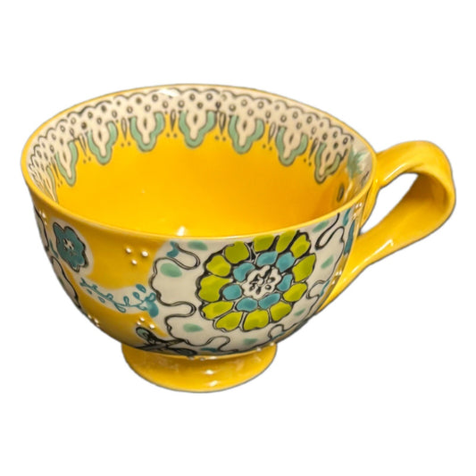 Anthropologie ELKA AYAKA Mug Yellow Floral Footed Pedestal Cup Twisted Handle