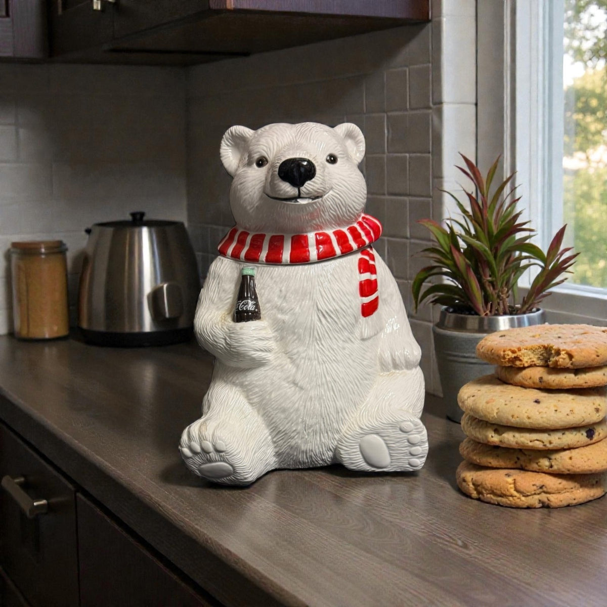 Vintage 1994 Coca-Cola Polar Bear Cookie Jar w/ Scarf & Coke Bottle