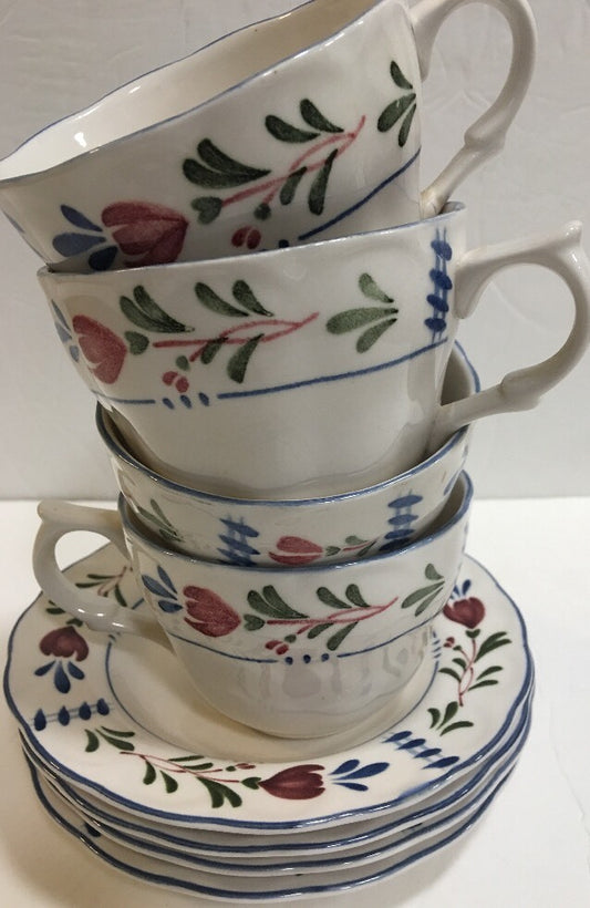 Nikko Provincial Avondale Set of 4 White Cup & Saucer Red With Blue Flowers