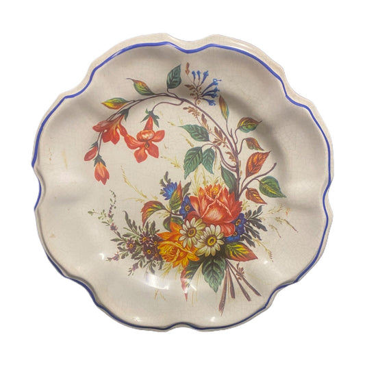 6-Italy Scalloped Dinner Plates Melamine Flowers Blue Trim Crackled Wall Hanging