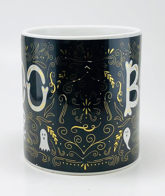 TMD Holdings Halloween Ceramic Coffee Mug Boo Black White Gold Skull Ghosts BOO