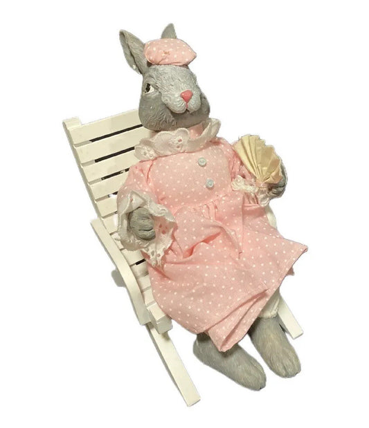 Silvestri Bunny Figurine Seated On Wooden Chair Rabbit Pink Dress Fan On Hand