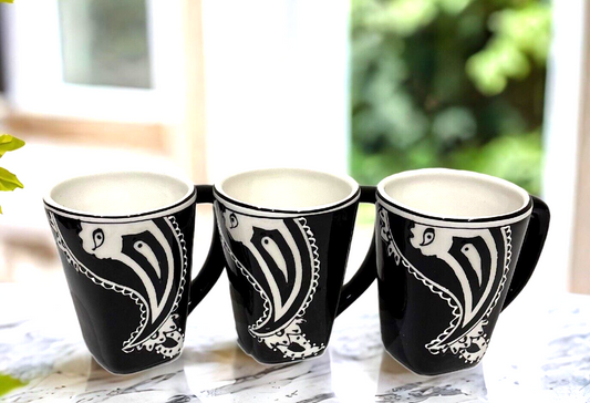 Rare ND 4-Salad Plates 3-Mugs Black White Hand-Painted Ceramic Dinnerware Set