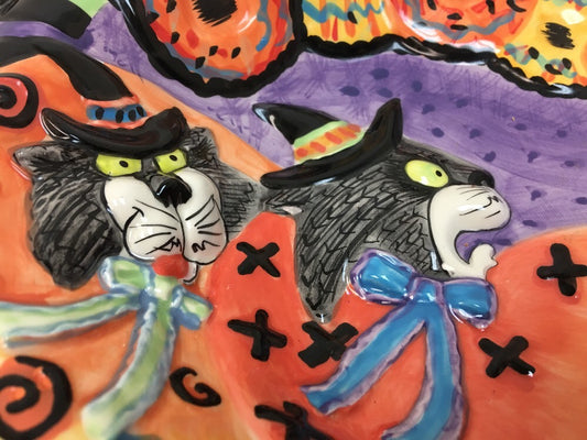 Fitz & Floyd KITTY WITCHES Halloween HandCrafted Ceramic Deep Platter Candy Bowl