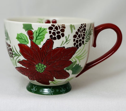 Dutch Wax Footed Cup Coastline Imports Hand Painted Poinsettia Holly Berries