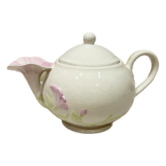 Teleflora Morning Glory Teapot — White Embossed, Pink Floral (Vintage)