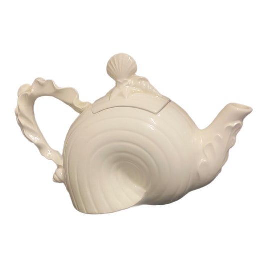 Cream Seashell Ceramic Teapot Coastal Beach Cottage Decor Wave Handle Shell Lid