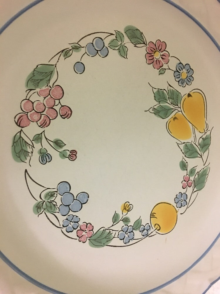 "VINA FERA" Durasafe Dinner Plate Fruits Flowers Blue Trim Oven Safe 10 3/4" D