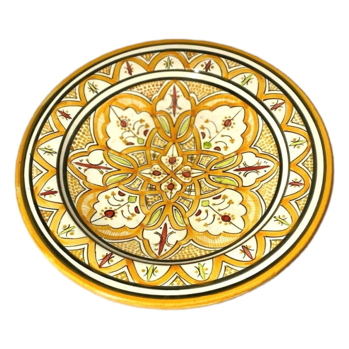Orange Moroccan Hand Painted Geometric Floral Terracotta Serving Platter 13 5/8”