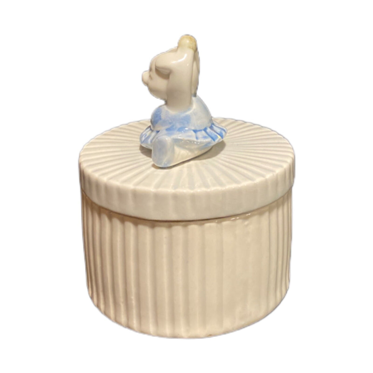 Vintage Fitz & Floyd Pig In Blue Tutu Round Ribbed Ballerina Trinket Jewelry Box