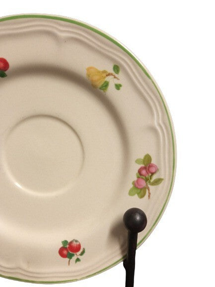 Gibson Designs ORCHARD Saucer 6 ½” D Green Trim Fruit On Rim Cream Background