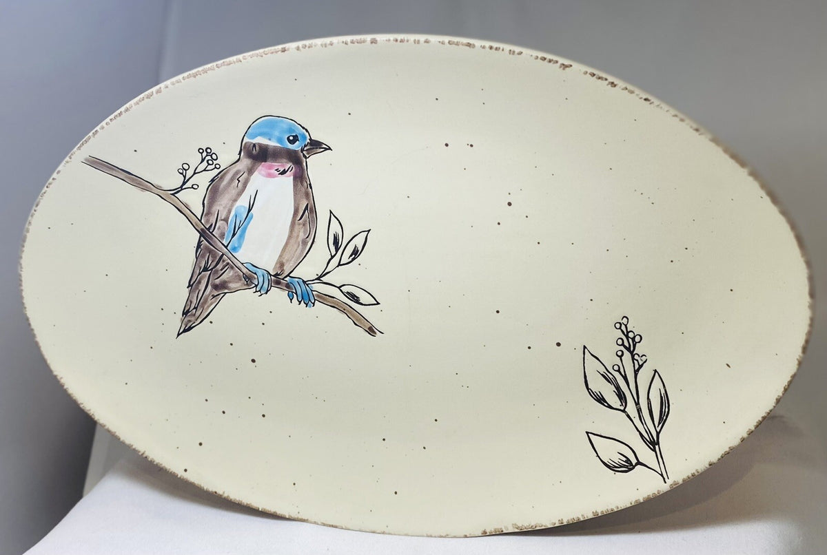 Inhomestylez Oval Ceramic Platter – Hand-Painted Bird Branch Design – 14”