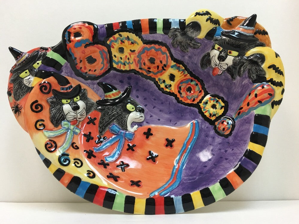 Fitz & Floyd KITTY WITCHES Halloween HandCrafted Ceramic Deep Platter Candy Bowl