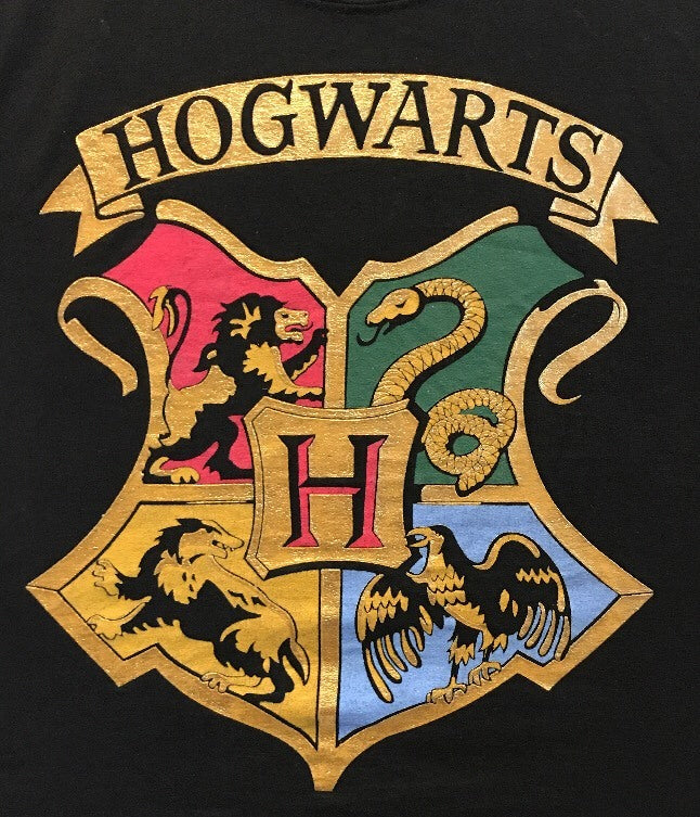 Harry Potter Hogwarts Black Tee Women’s M Warner Bros Gold Crest 100% Cotton