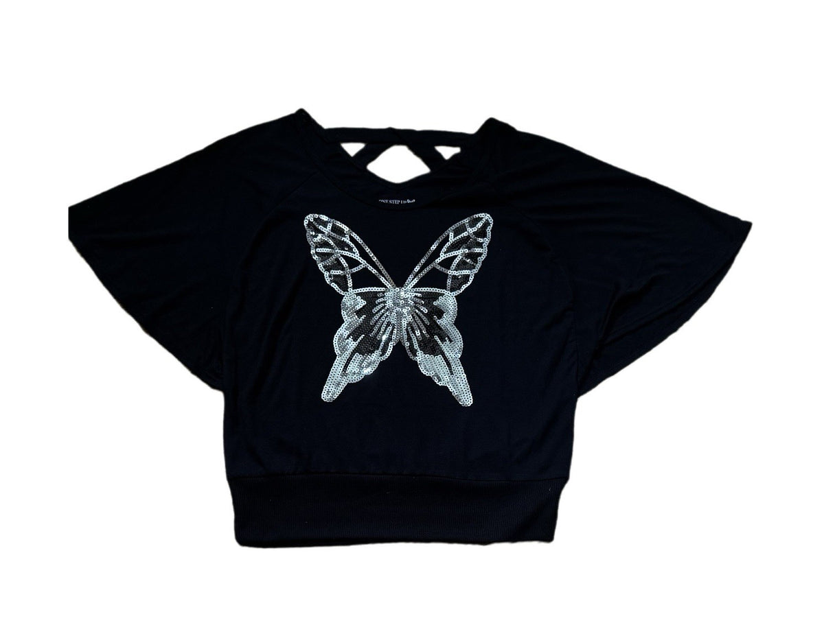 Girls L Black Sequin Butterfly Crop Top One Step Up Criss-Cross Back Tee