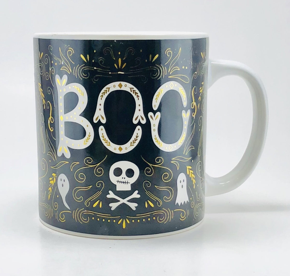 TMD Holdings Halloween Ceramic Coffee Mug Boo Black White Gold Skull Ghosts BOO