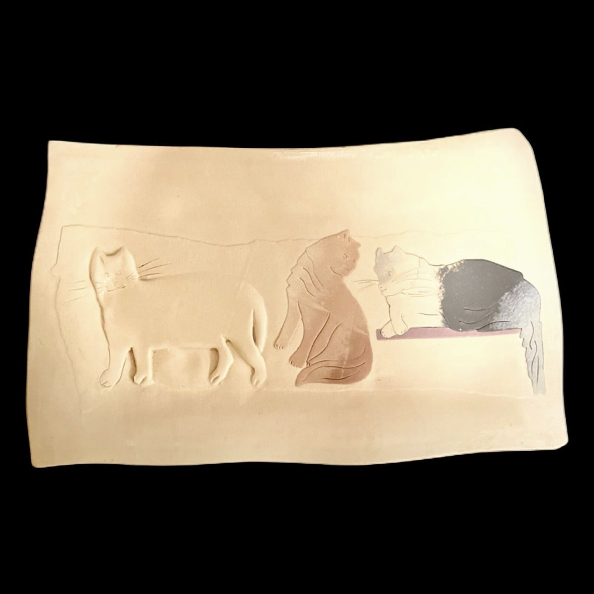 Vintage Raised Cats Platter Signed KAMRASS KIOK Embossed Clay NYC Studio Pottery