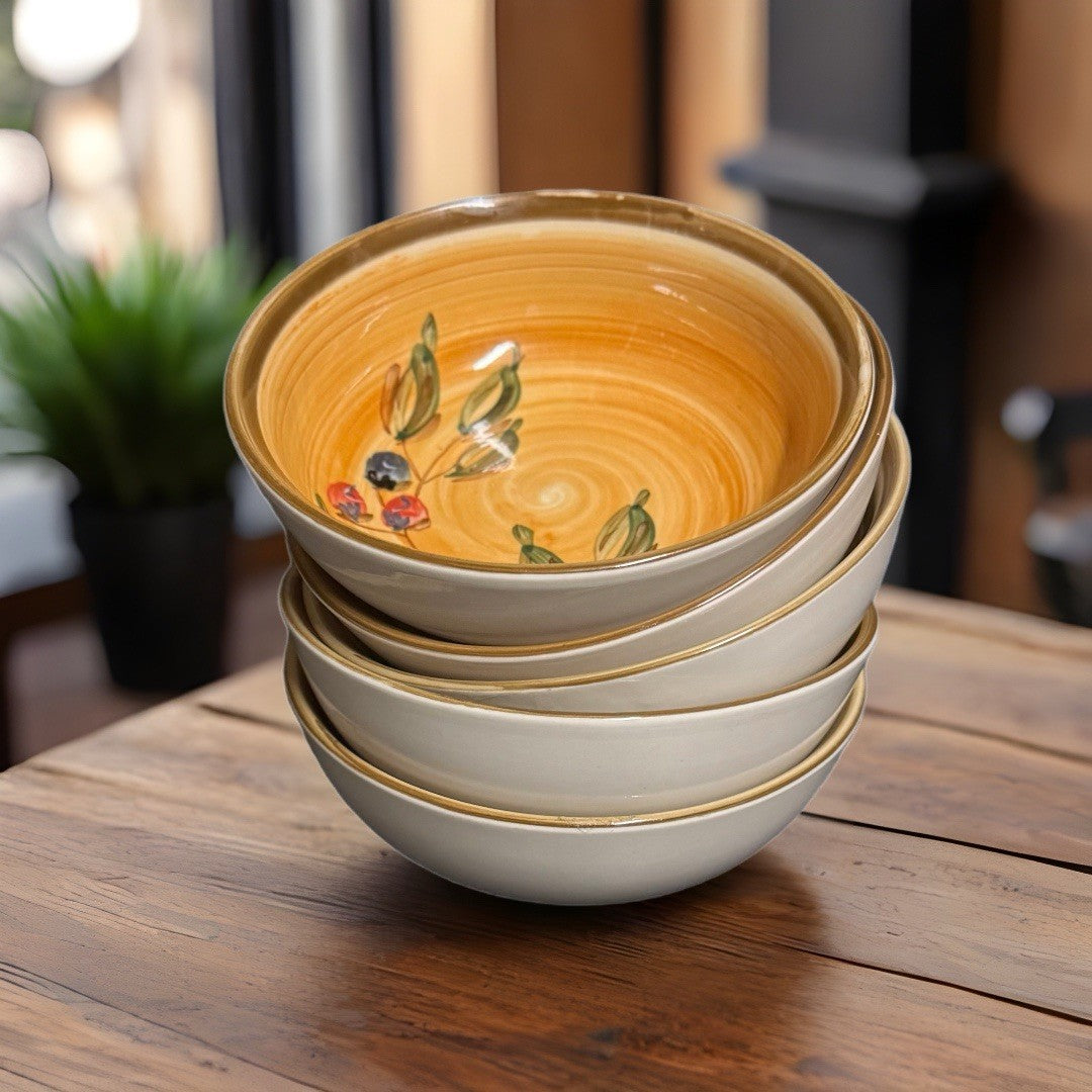 Gibson ROMAN OLIVE 5 Cereal Soup Bowls 6” Hand Painted Yellow Olive Branch