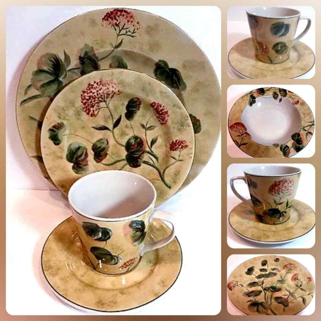 222 Fifth Asian Antique 2 Sets 5-Piece Dinnerware Floral Beige Stoneware 10 Pc