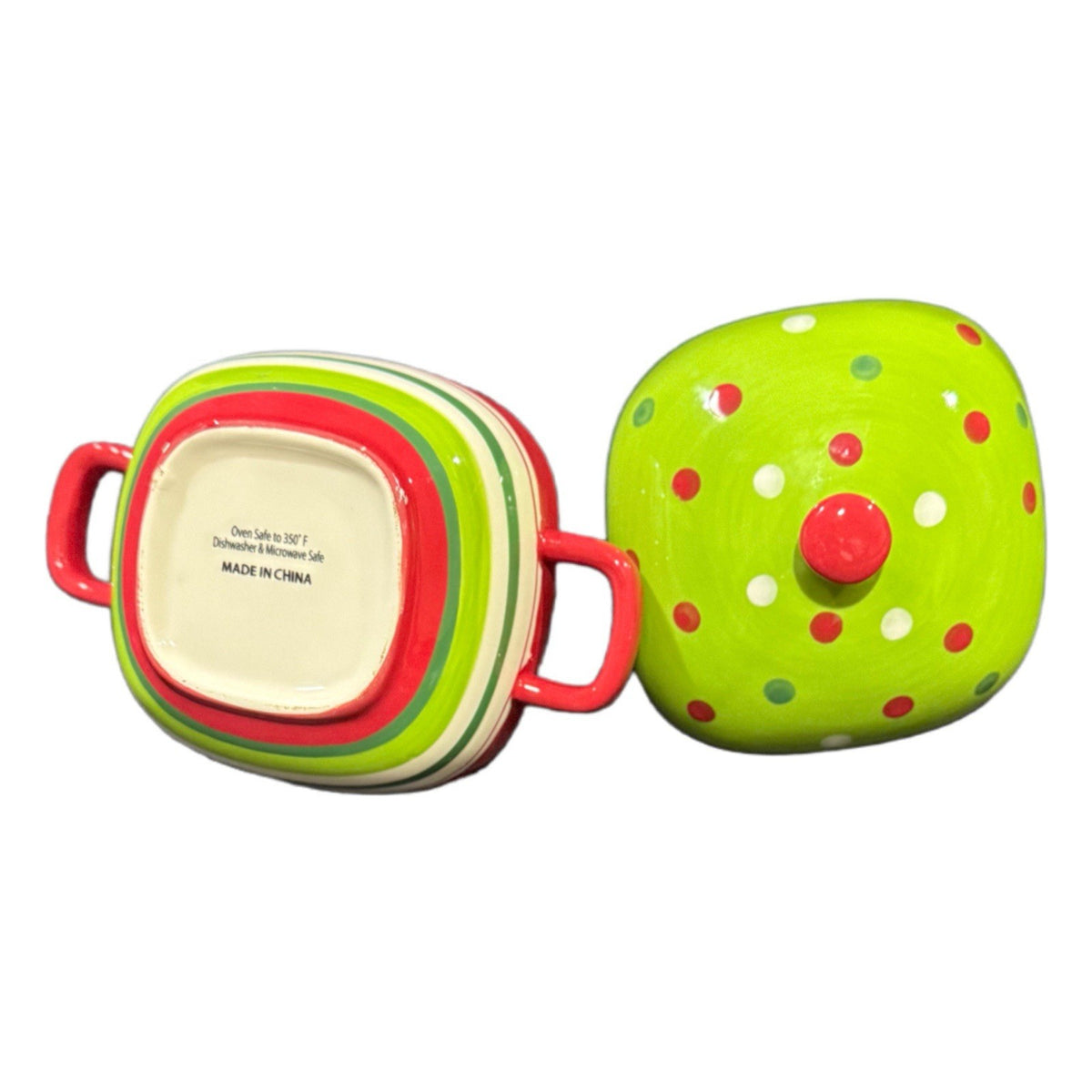 Set of 2 Festive Polka Dot Ceramic Soup Bowls w/ Lids – Handpainted Red Green