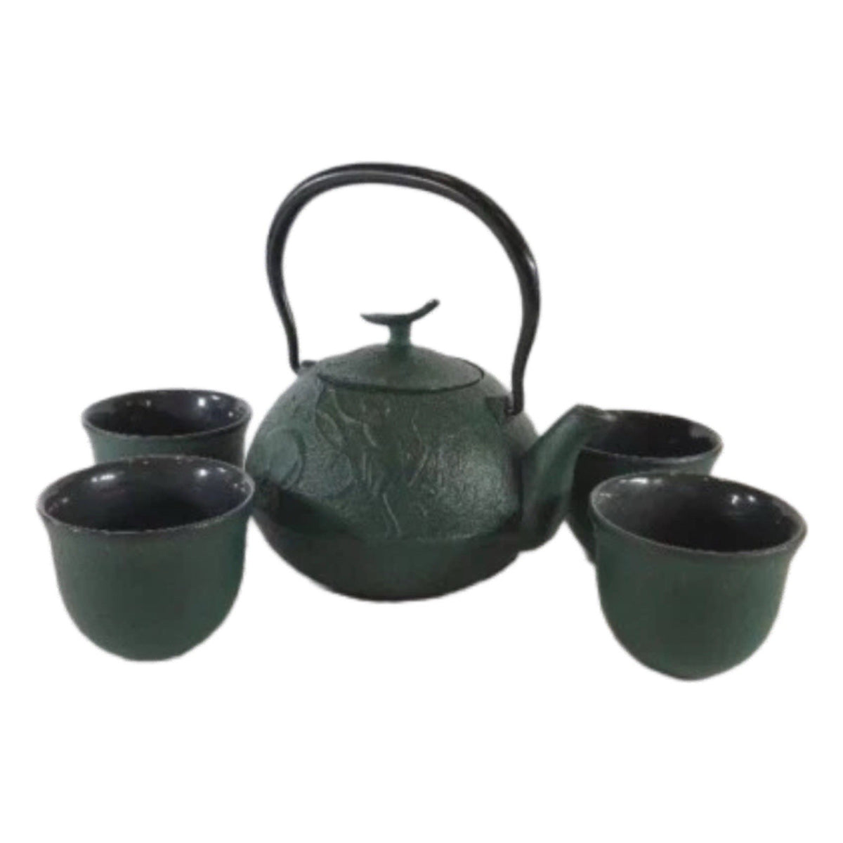 Japanese Cast Iron Teapot Set w/ 4 Cups Green Monkey & Bamboo Enamel Interior