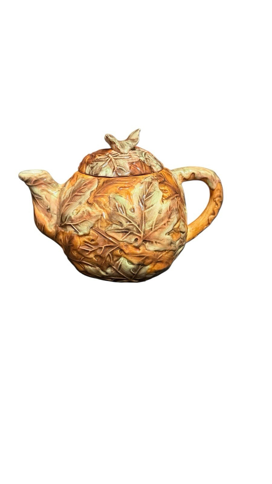Rare Ceramic Teapot with Lid & 2 Mugs Embossed Autumn Leaves Coffee Tea Set