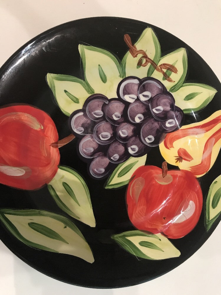 Tabletops Gallery MIDNIGHT Dinner Plate Hand Painted Black Assorted Fruits