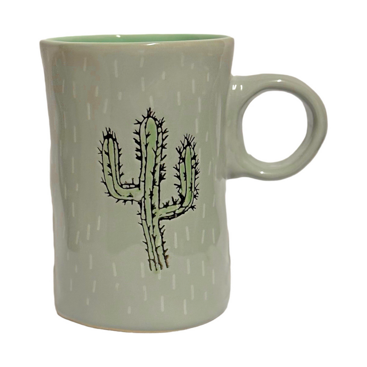 I LOVE IT 2-CACTUS Mugs Green Grey Tea Latte Cup Embossed Prickly Desert Cactus