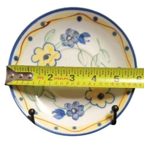 Gibson Designs CONFETTI FLORAS 4-Saucers 5 7/8"D Blue Yellow Floral Dots Ceramic
