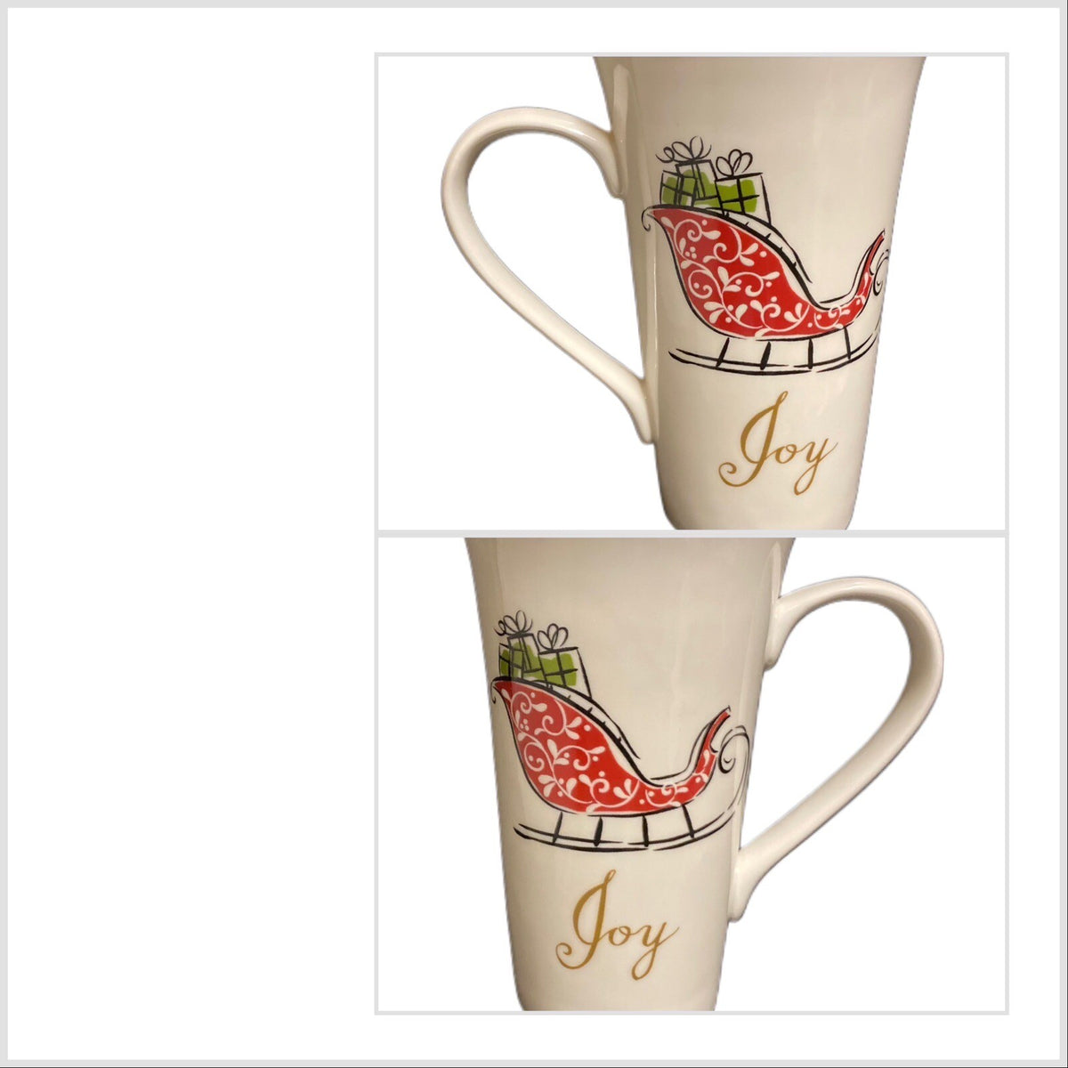 222 Fifth NATALA 3-Latte Mug Cardinal Christmas Tree Sleigh Peace Joy Noel Gold