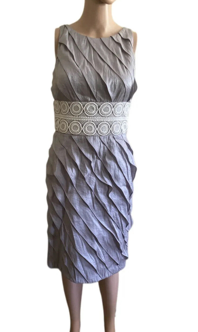 London Times Ruffle Sheath Dress Layered Sleeveless Silver Gray Side Zipper Sz 2