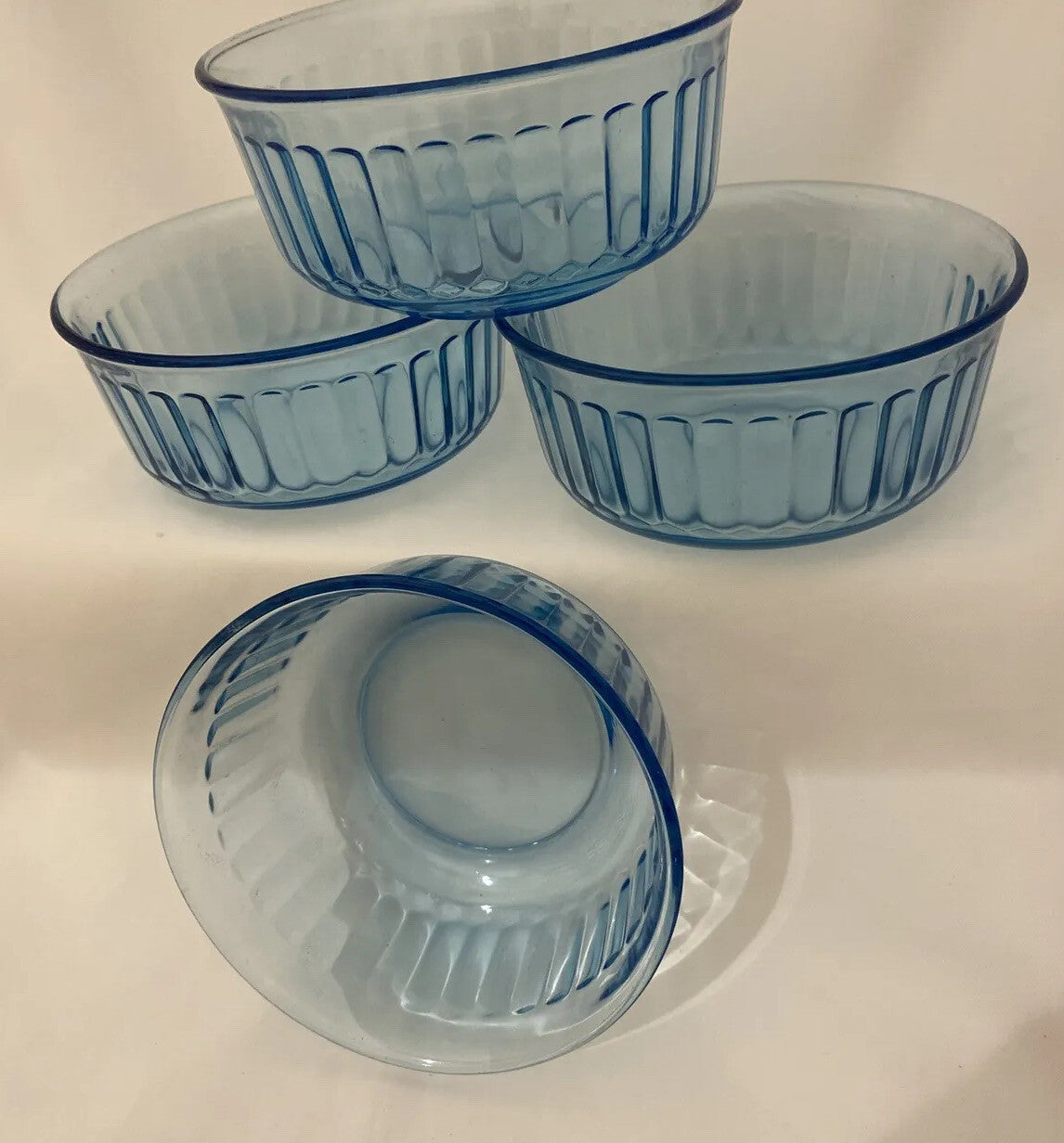 Vintage Fortecrisa Blue Azure Ice Blue 4 Glass Ribbed Bowls Mexico Forte Crisa