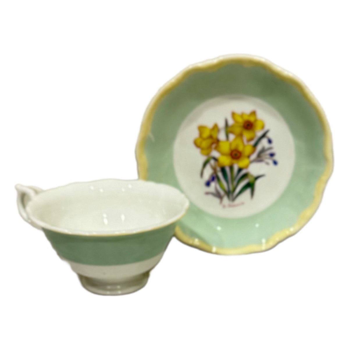 Royal Sealy Japan Daffodil Teacup & Saucer Set Green Yellow Floral Vintage