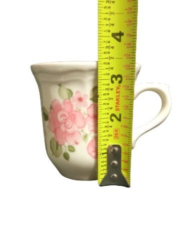Gibson Designs ROSELAND 6-Cups & 6-Saucers Pink Roses Tan Body Pink Trim Ceramic