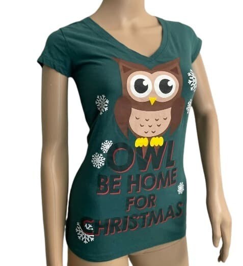 T-Shirt OWL be Home for Christmas L.O.L. VINTAGE Sm. V-Neck Cap Sleeves Green