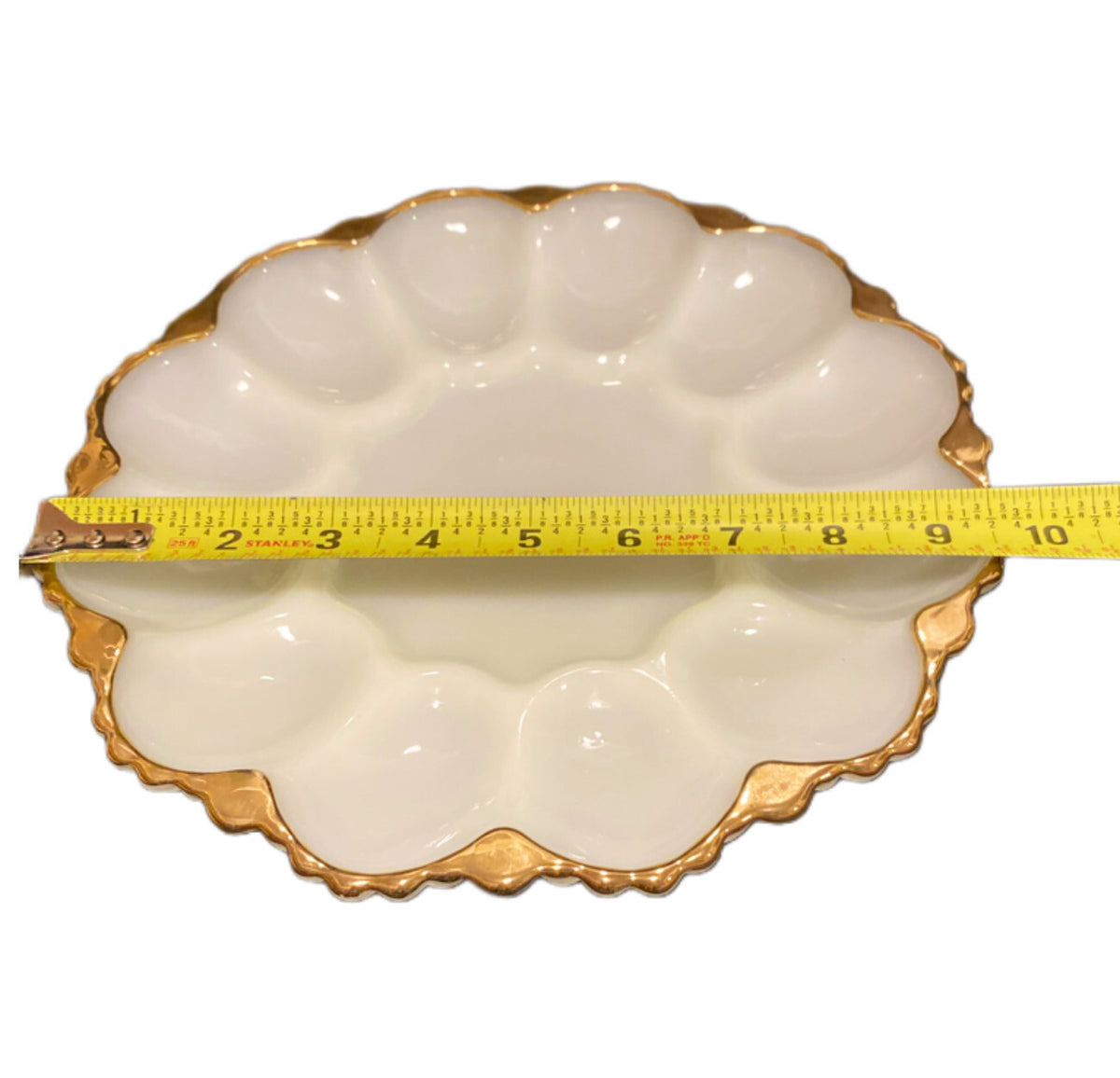 Vintage Anchor Hocking Deviled Egg Plate White Milk Glass Gold Trim 12 Eggs Tray