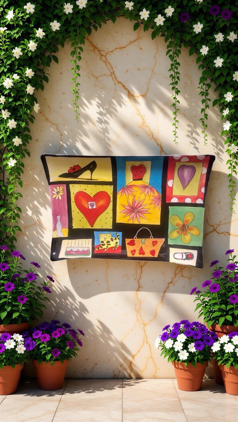 Naylor Designs Hand Painted Platter Wall Plate Hearts Shoe Bag Art Hanging 13”L