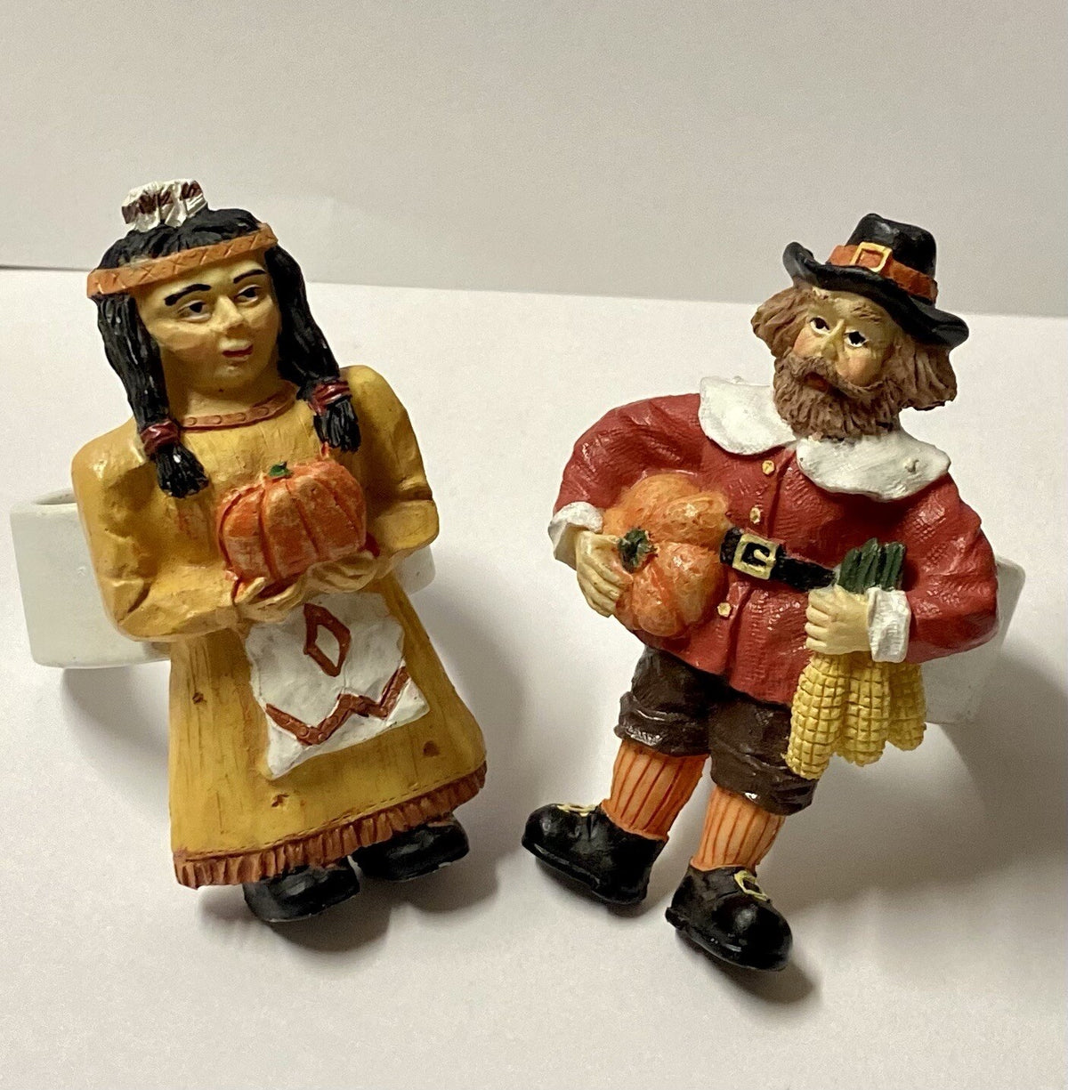Rare Thanksgiving Ceramic Napkin Holder Pilgrim Pumpkin Harvest Boy Girl