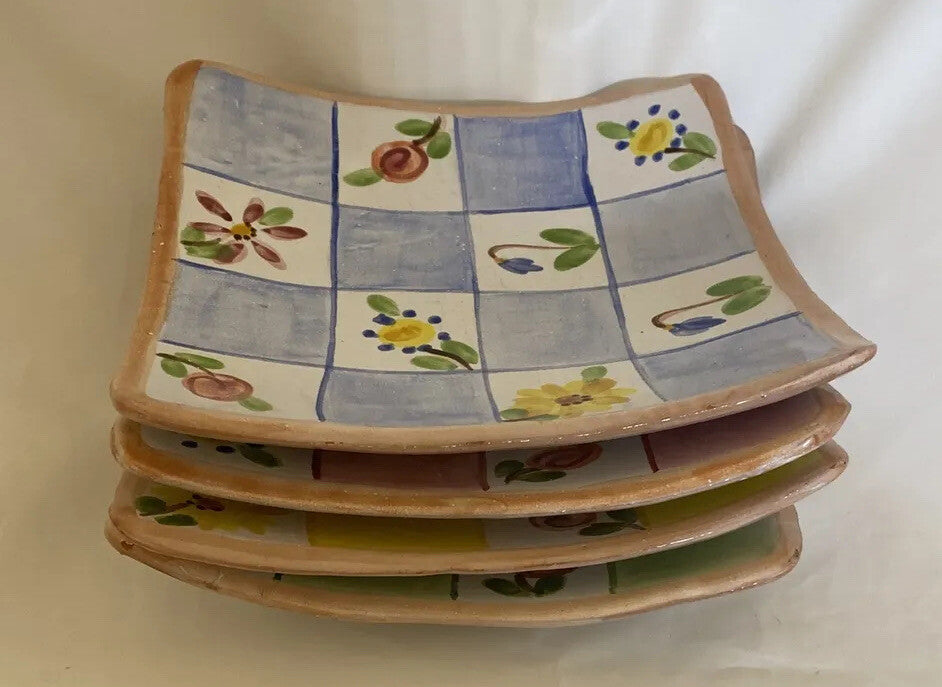 Rare Hand Painted And Signed 4-Square Salad Appetizer Tapas Clay Plates 6 3/4"SQ