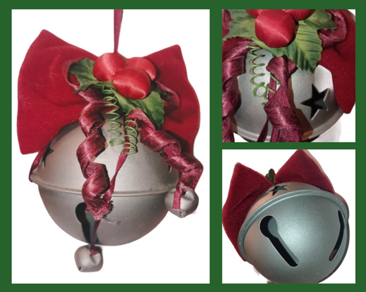Vintage Russ Jingle Bell Metal Ornament — Bow & Red Ribbon, Taiwan