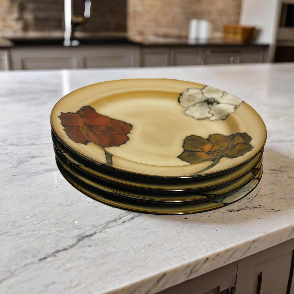 Pfaltzgraff Studio SARINA 4 Dinner Plates Poppies Floral Stoneware Dinneware
