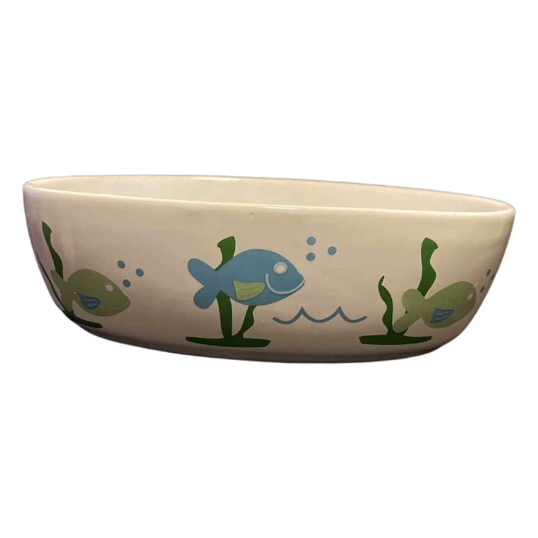 PetRageous Designs White Oval Cat Bowl Stoneware Food Water Dish Green Blue Fish