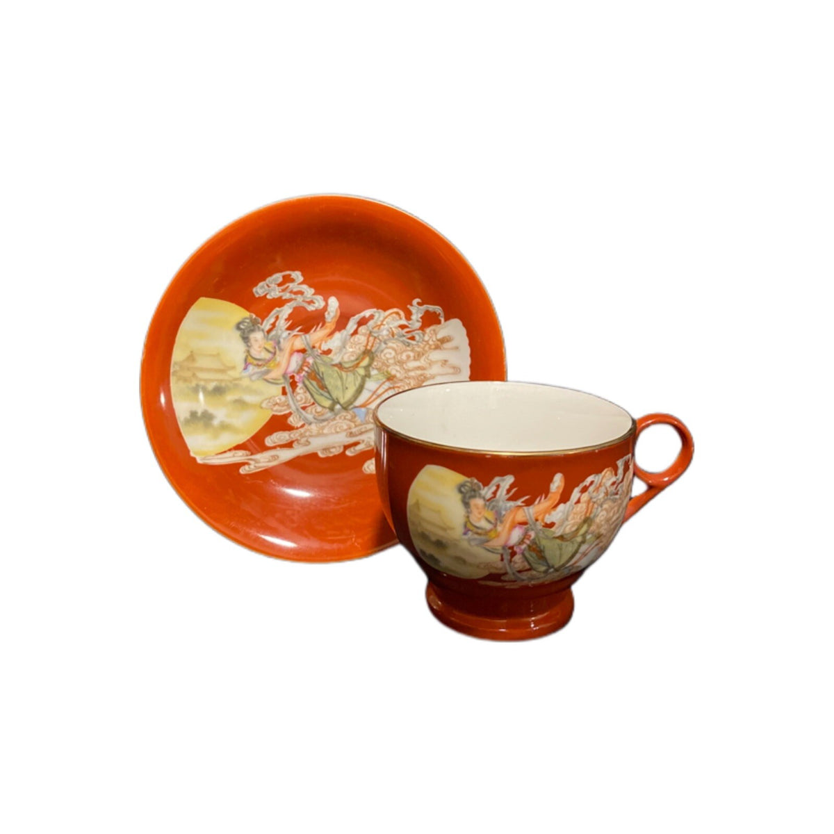 Antique Oriental Tea Set Godess of Wind China Teapot Cup Saucer Sugar Bowl Cream