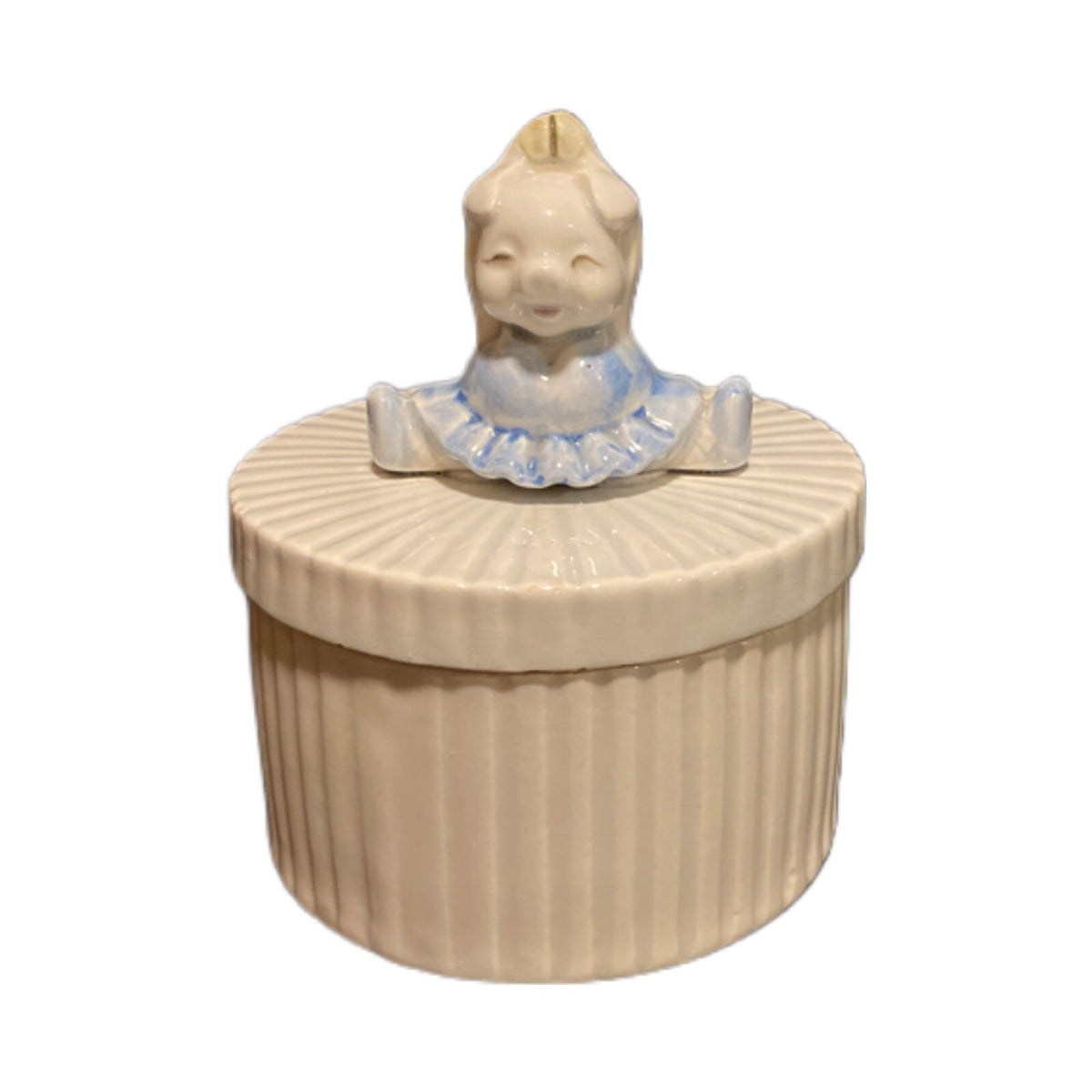 Vintage Fitz & Floyd Pig In Blue Tutu Round Ribbed Ballerina Trinket Jewelry Box