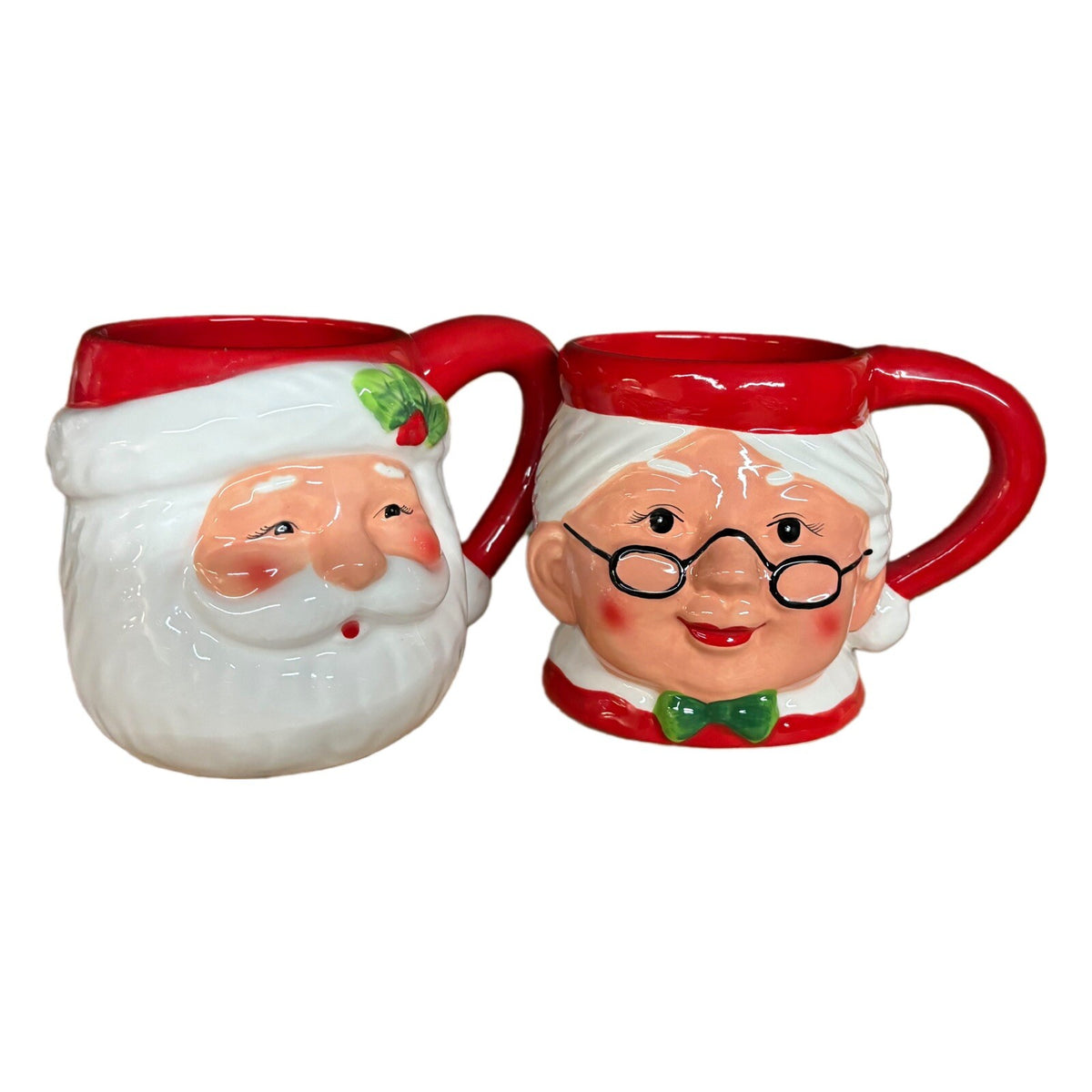 Pier 1 Imports 2- Mugs Santa & Mrs Claus Coffee Cups Hand Painted Dolomite 18oz