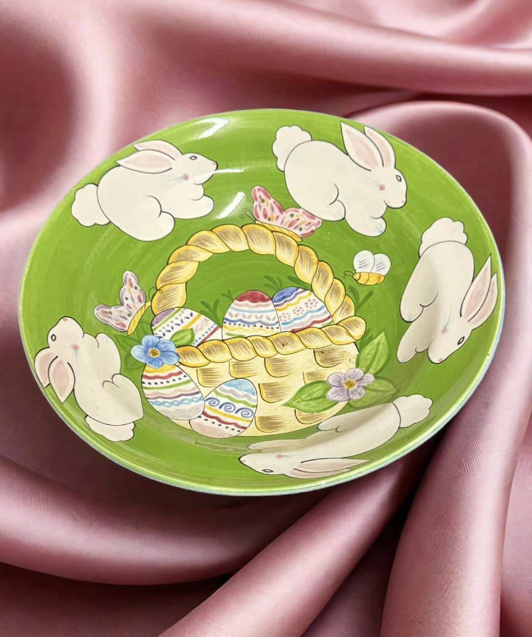 Vintage LAURIE GATES Serving Bowl 14 3/8" D Easter Bunny Egg Basket © 2000