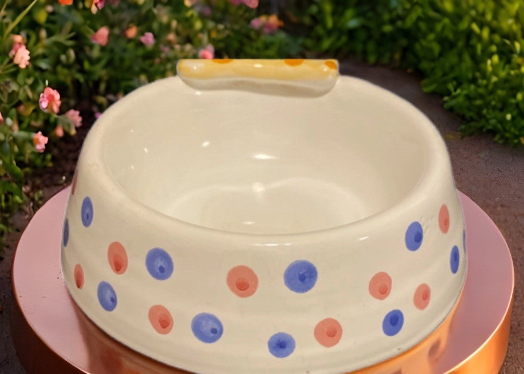 Italian Hand Painted Ceramic Dog Bowl with 3D Bone & Polka Dots | Puppy Dish
