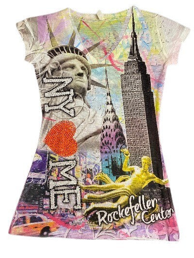 Miss Posh NY V-Neck Graphic Tee Small Statue of Liberty Empire State Top