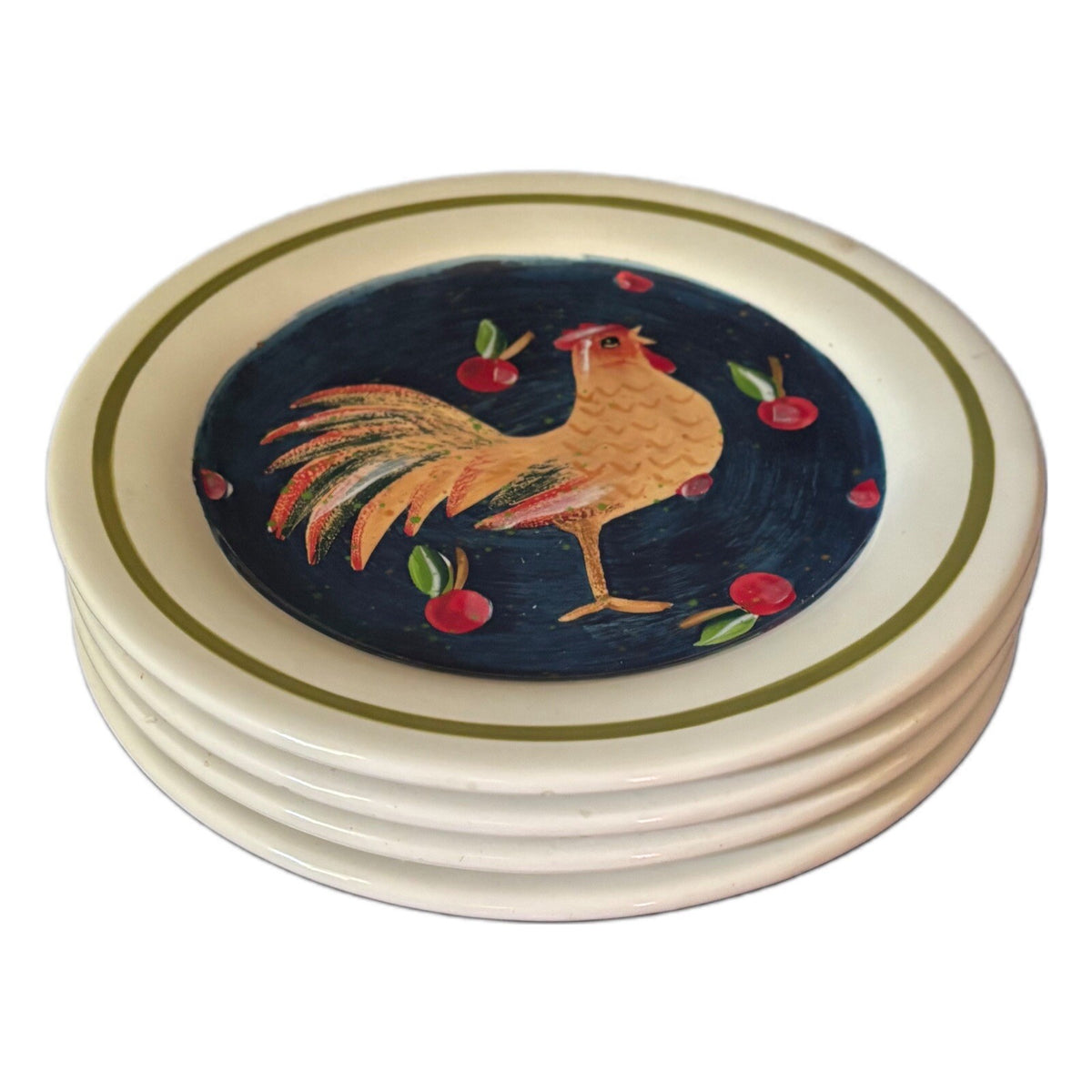 4-Rooster Salad Plates Blue Red Apples Ceramic Dessert Luncheon Appetizer Dishes