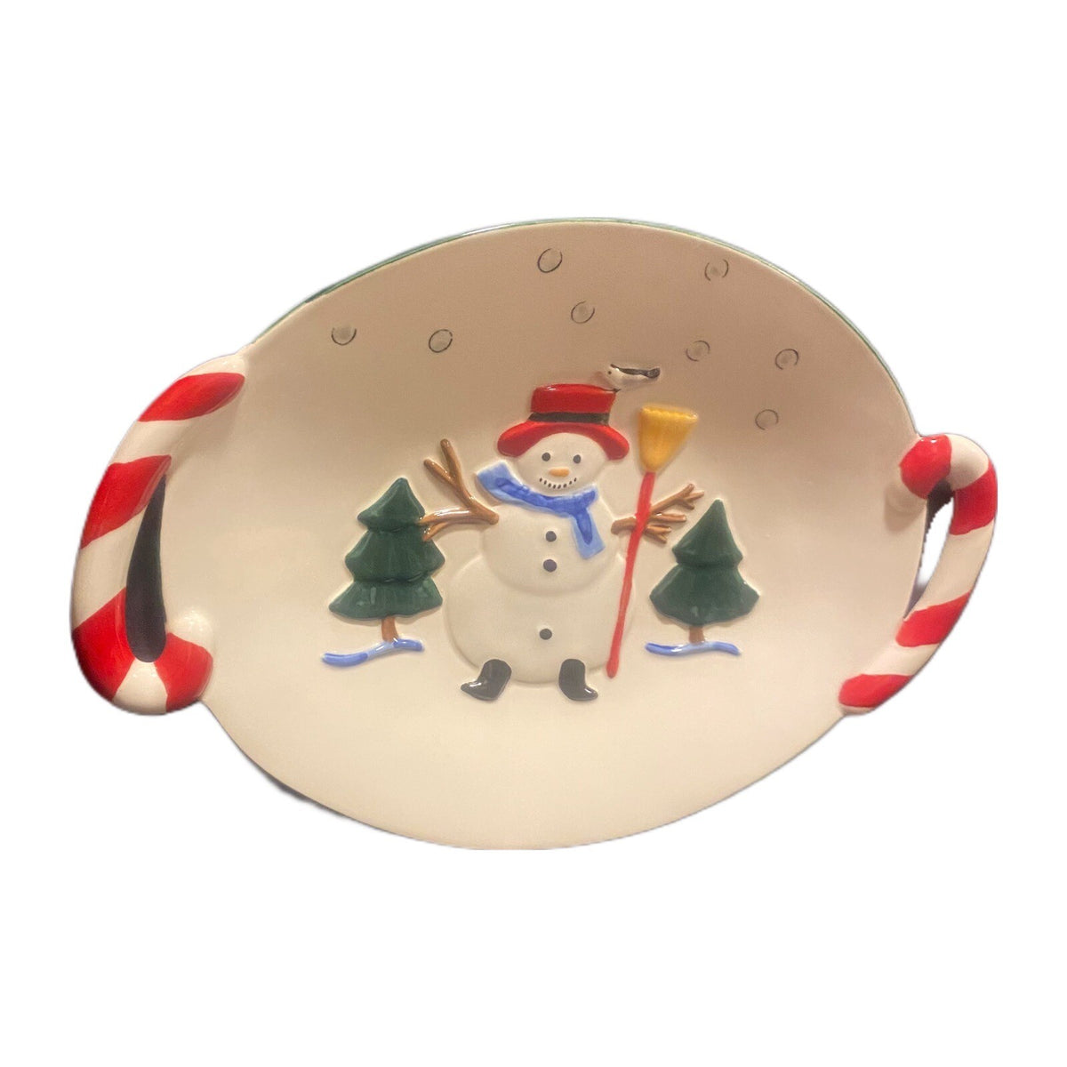 Vintage Pfaltzgraff Oval Platter Mexico Winter Ceramic Tray Candy Cane Snowman